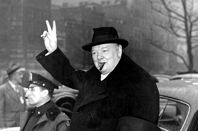 March 20, 1946 - New York, NY, U.S. - War leader WINSTON CHURCHILL was uniquely stirred by the challenge of war. In 1935 he warned the House of Commons of the importance not only of 'self-preservation but also of the human and the world cause of the preservation of free governments and of Western civilization against the ever advancing sources of authority and despotism.' PICTURED: CHURCHILL during his visit to New York, next to him the assistant of N.Y. mayor. (Credit Image: &copy; k09/ZUMAPRESS.com/Global Look Press)